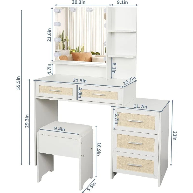 Vanity Desk with Mirror and Lights with Bedside Table