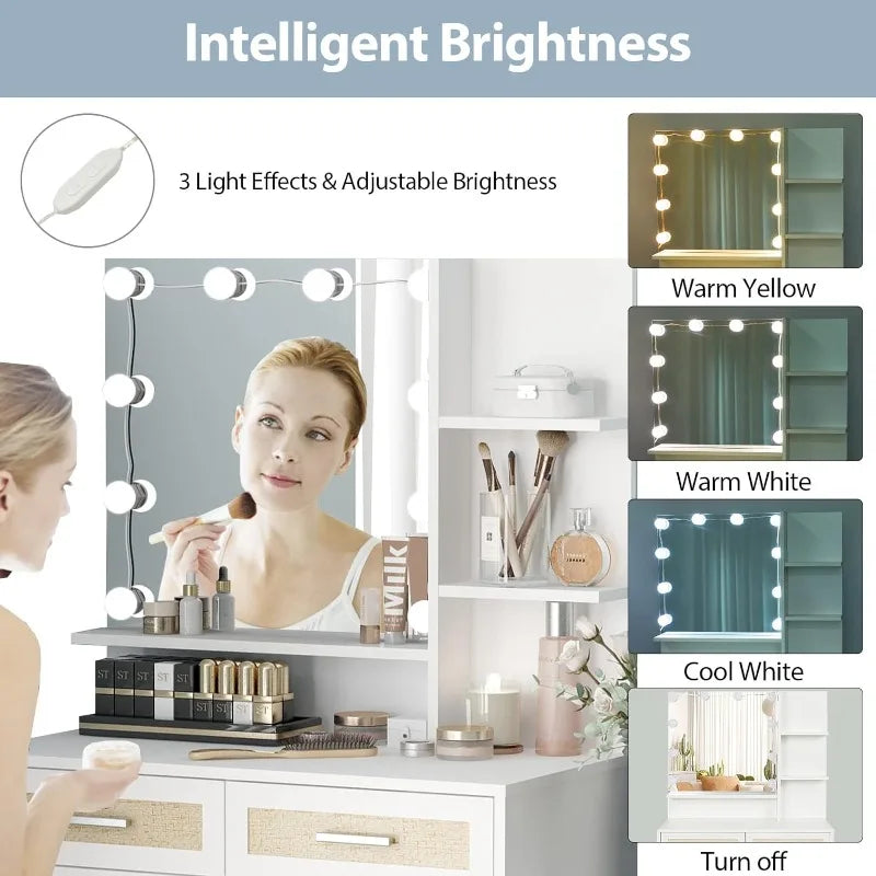 Vanity Desk with Mirror and Lights with Bedside Table