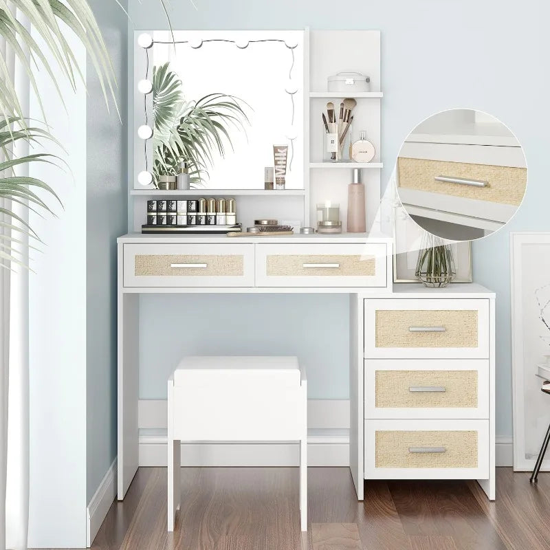 Vanity Desk with Mirror and Lights with Bedside Table